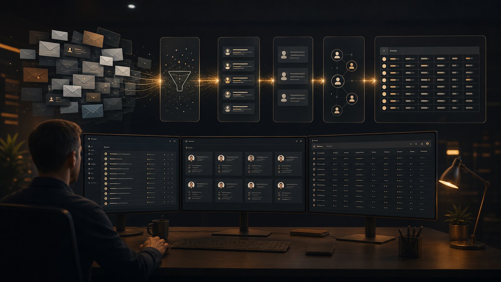 Email records moving through a structured contact intelligence pipeline