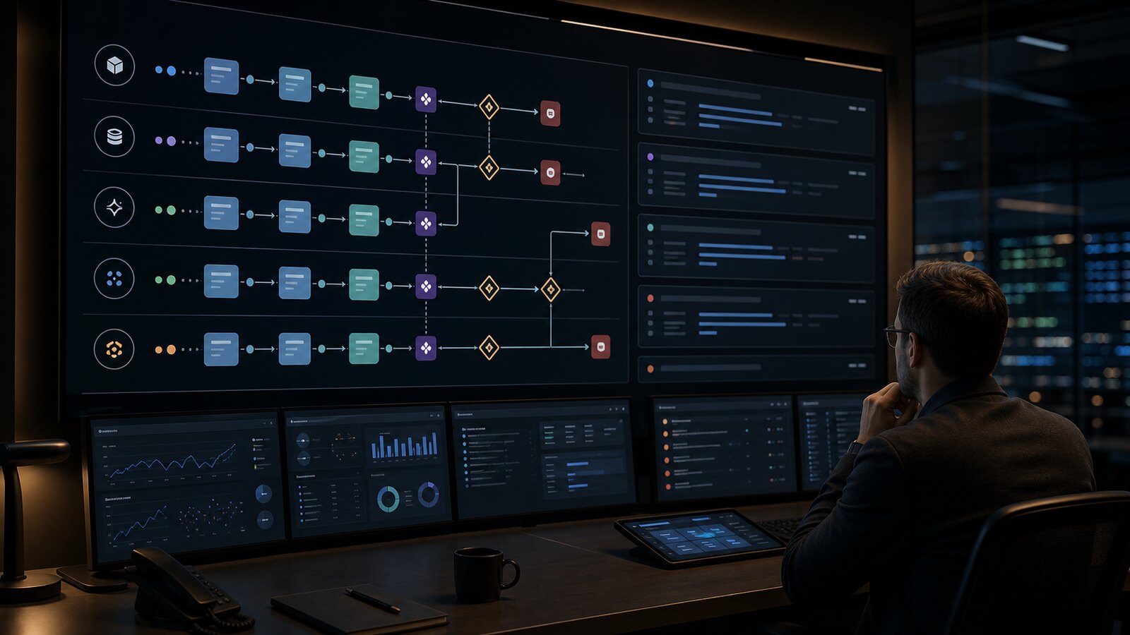 Operations desk showing agent queue control logs and handoff checkpoints