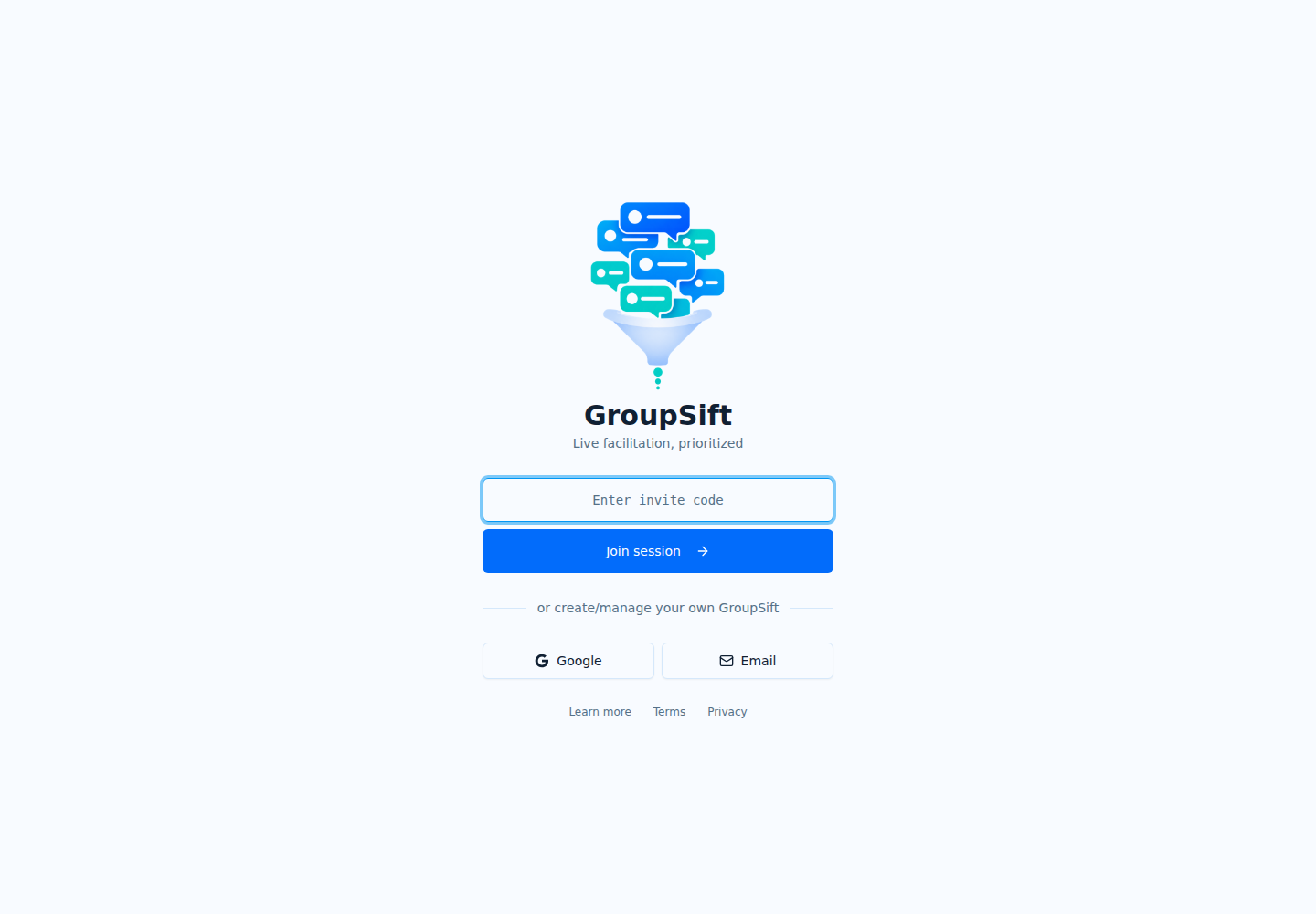 GroupSift public app entry screen showing invite code and account login controls
