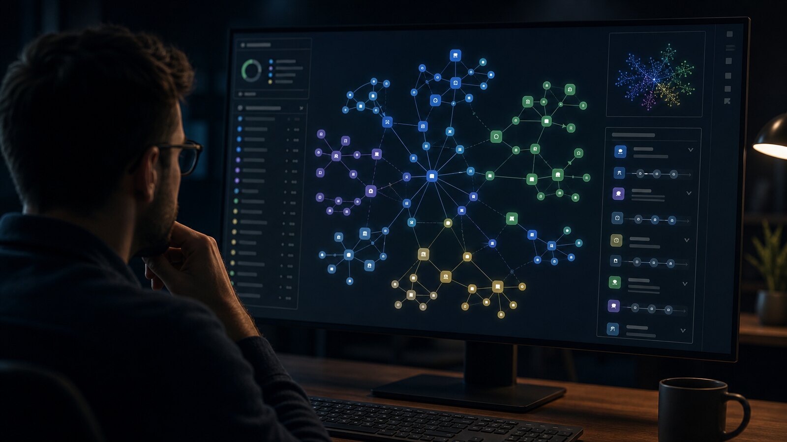 Developer reviewing a codebase knowledge graph visualization