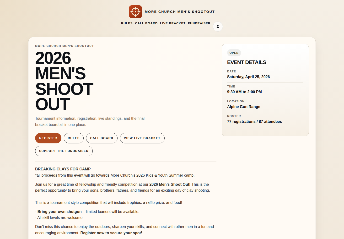 Men's Shootout public tournament app homepage with event details and registration controls