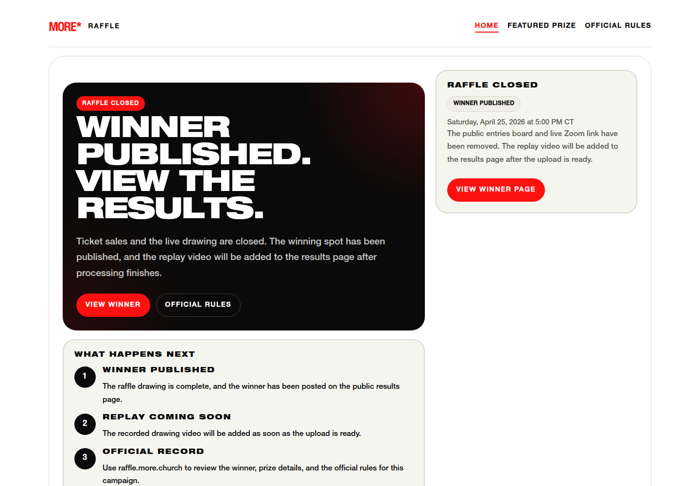 Public raffle app homepage showing winner status, official rules, and results controls