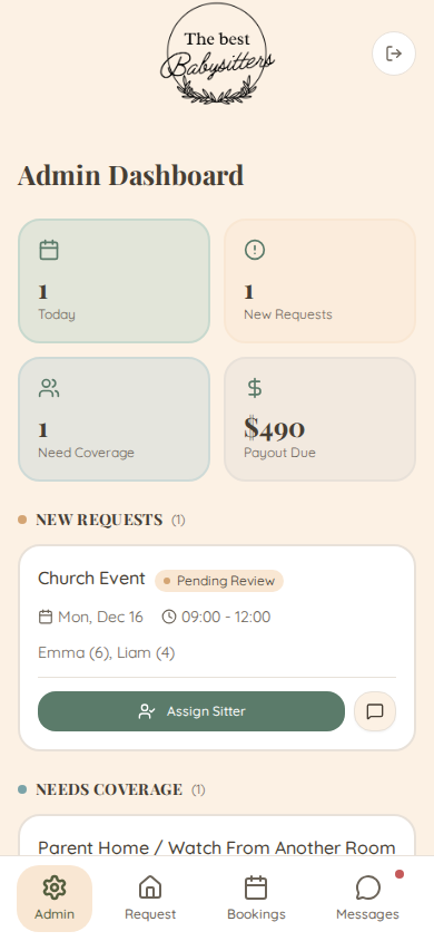 The Best Sitter mobile admin dashboard with bookings and coverage queues