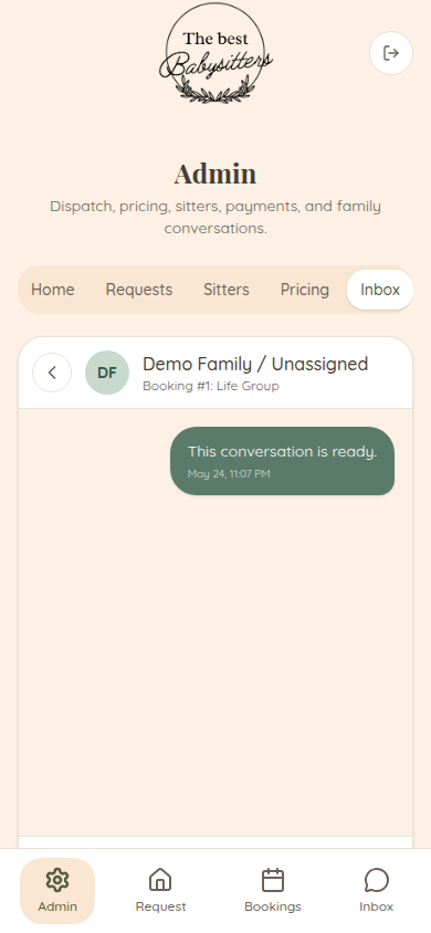The Best Sitter mobile admin inbox conversation screen
