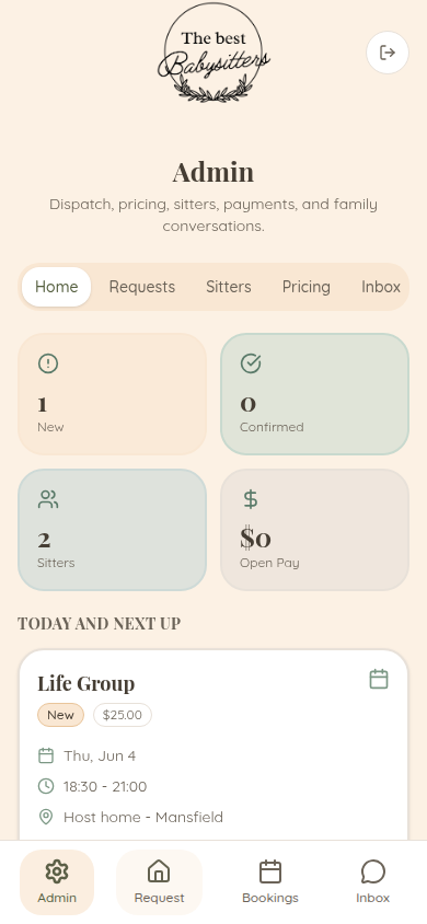 The Best Sitter mobile admin workspace with requests sitters pricing and inbox tabs