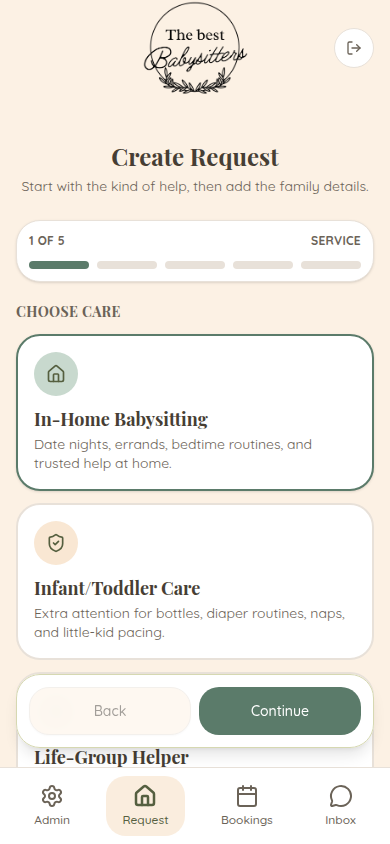The Best Sitter mobile request flow for choosing babysitting care